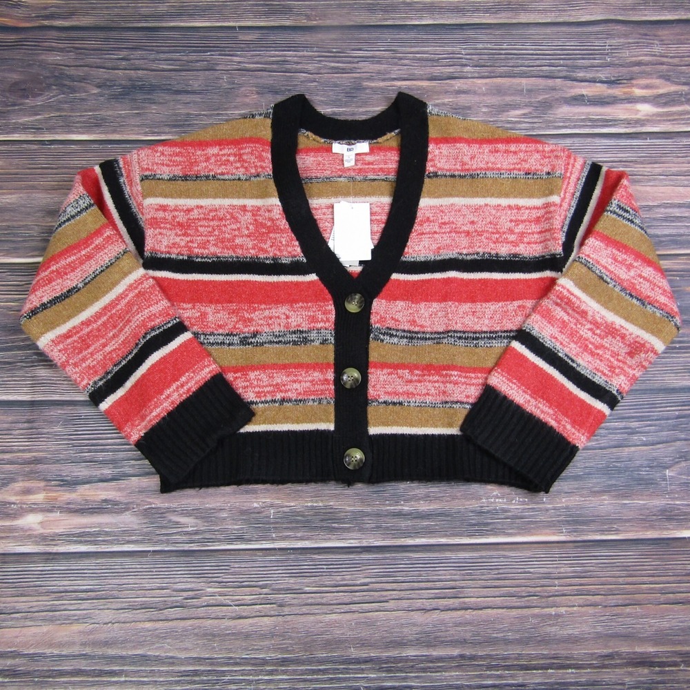 BP NEW Womens Small Red Pink Striped V Neck Button Up Sweater